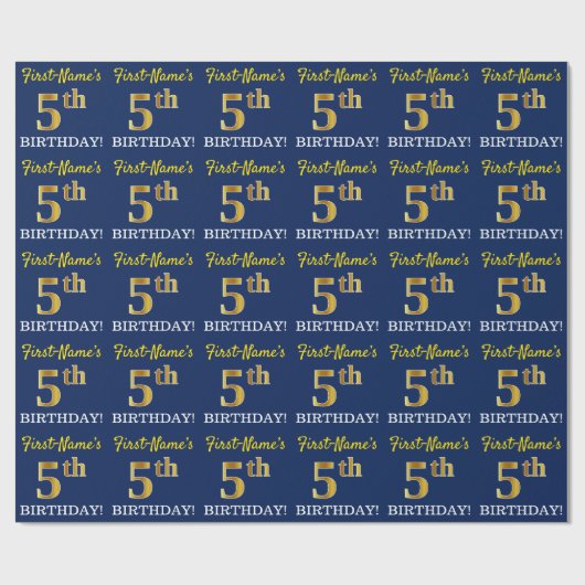 Blue, Imitation Gold look "5th BIRTHDAY" Cadeaupapier (Vlak)