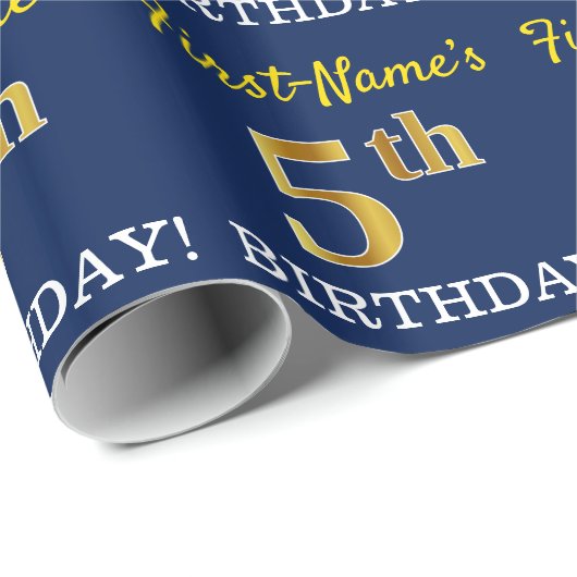 Blue, Imitation Gold look "5th BIRTHDAY" Cadeaupapier (Rol Hoek)