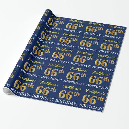 Blue, Imitation Gold look "66th BIRTHDAY" Cadeaupapier (Uitgerold)