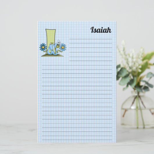 Blue Inch Worm Mongram Letter I Gingham Lined Briefpapier (Staand voorkant)
