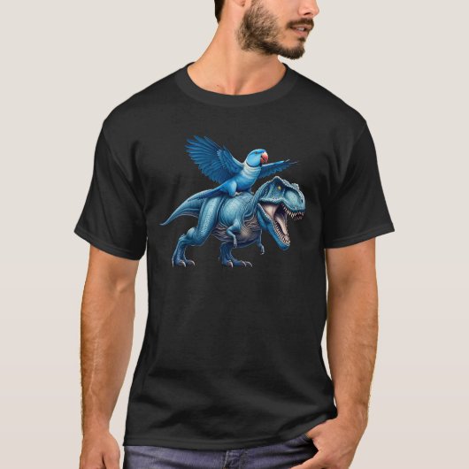 Blue Indian Ringneck Parrot Riding Dinosaur Grappi T-shirt (Voorkant)