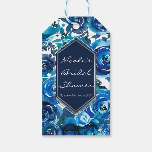 Blue Indigo Floral Flowers Elegant Chic Wedding Cadeaulabel (Voorkant)