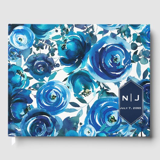 Blue Indigo Floral Flowers Elegant Chic Wedding Gastenboek (Voorkant)