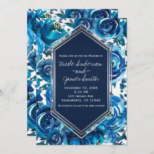 Blue Indigo Floral Flowers Elegant Chic Wedding Kaart