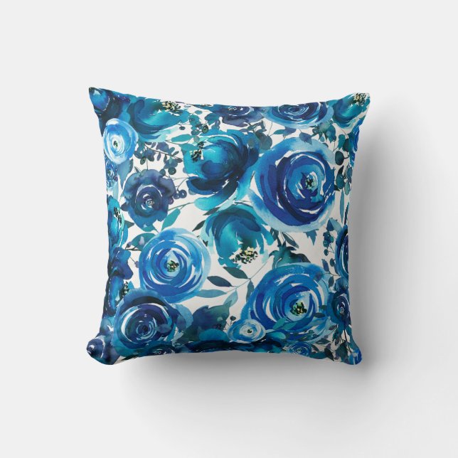 Blue Indigo Floral Flowers Elegant Shabby Chic Kussen (Voorkant)