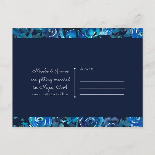 Blue Indigo Floral Flowers Wedding Save the Date Aankondigingskaart (Achterkant)