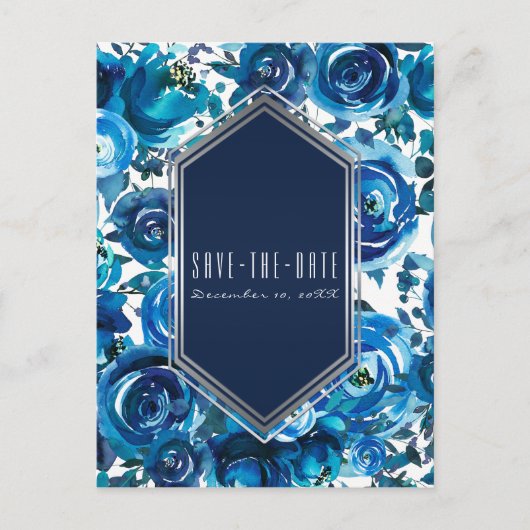 Blue Indigo Floral Flowers Wedding Save the Date Aankondigingskaart (Voorkant)