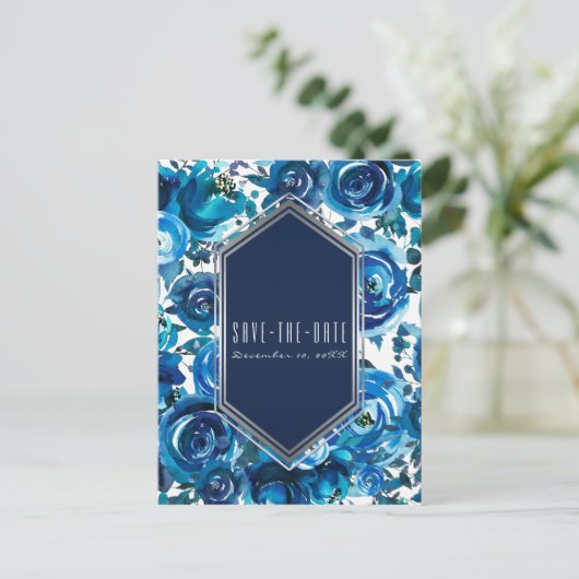 Blue Indigo Floral Flowers Wedding Save the Date Aankondigingskaart (Staand voorkant)