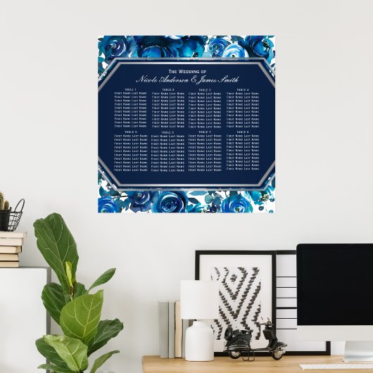 Blue Indigo Floral Flowers Wedding Seding Chart Poster (Thuiskantoor)