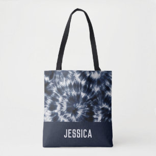 Blue Indigo Shibori Tie Dye Aangepaste naam Tote Bag