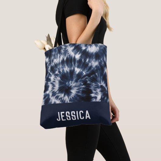 Blue Indigo Shibori Tie Dye Aangepaste naam Tote Bag (Dichtbij)