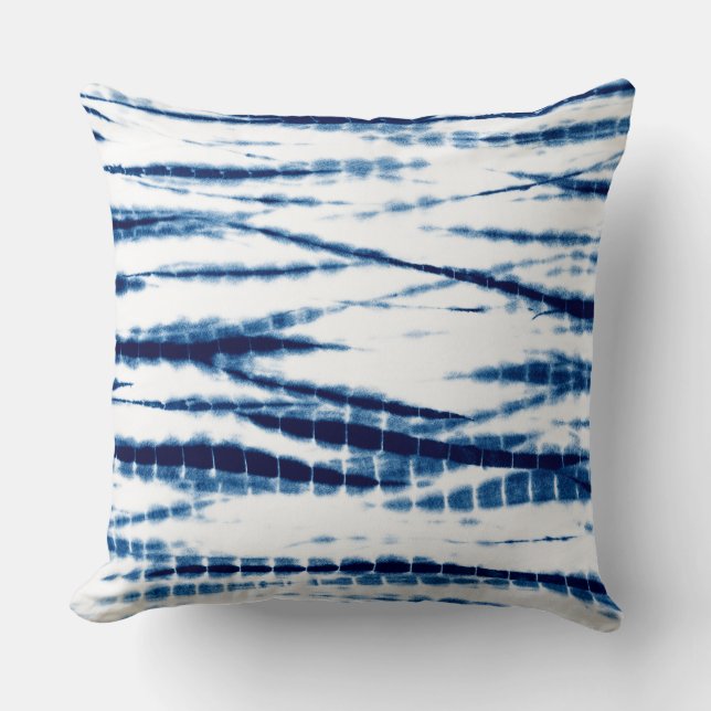 Blue Indigo Tie Dye Shibori StripeThrow Pillow Kussen (Voorkant)