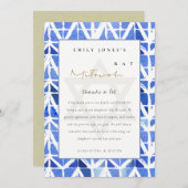 BLUE INDIGO WATERVERF CHEVRON BAT BAR MITZVAH BEDANKKAART (Voorkant / Achterkant)