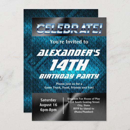 Blue Industrial Tween Boys Gaming Birthday Kaart (Voorkant / Achterkant)