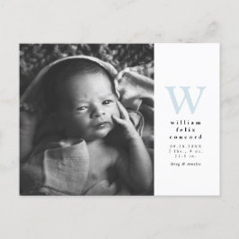 Blue initiaal Simple Birth Announcement briefkaart