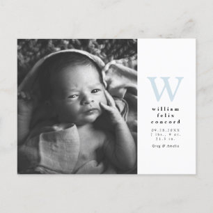 Blue initiaal Simple Birth Announcement briefkaart