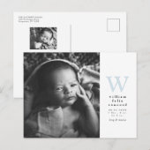 Blue initiaal Simple Birth Announcement briefkaart (Voorkant / Achterkant)