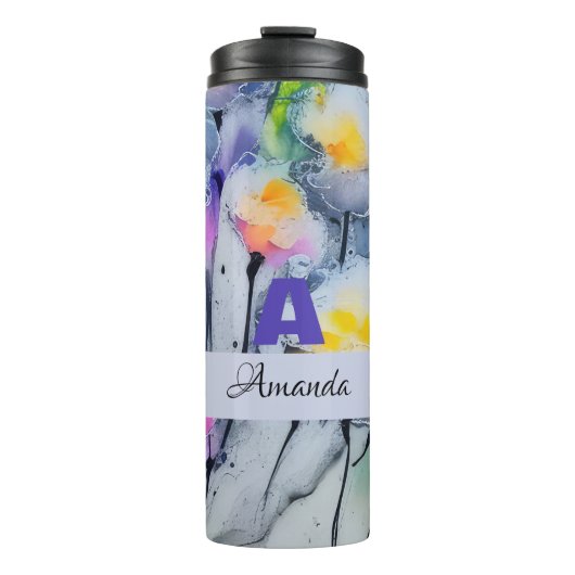 Blue Ink Spash Abstracte Flower gepersonaliseerde  Thermosbeker (Voorkant)