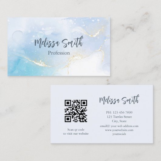Blue Ink Waterverf Gold Agate Scan QR Code Visitekaartje (Voorkant / Achterkant)
