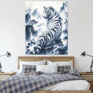 Blue Ink White Tiger – Oriental Brush Style Tiger  Canvas Afdruk