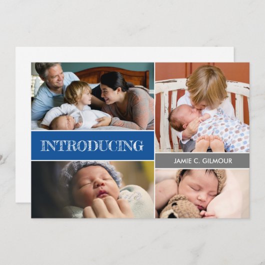 Blue Introduction 2e baby Custom photocollage Aankondiging (Voorkant / Achterkant)