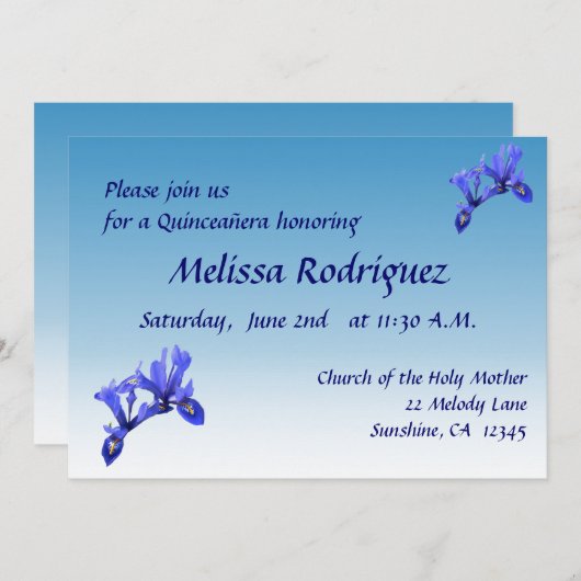 Blue Iris Bloemen Quinceañera Uitnodiging (Voorkant / Achterkant)