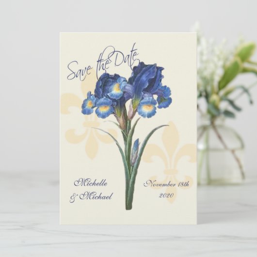 Blue Iris Fleur de Lis Save the Date (Staand voorkant)