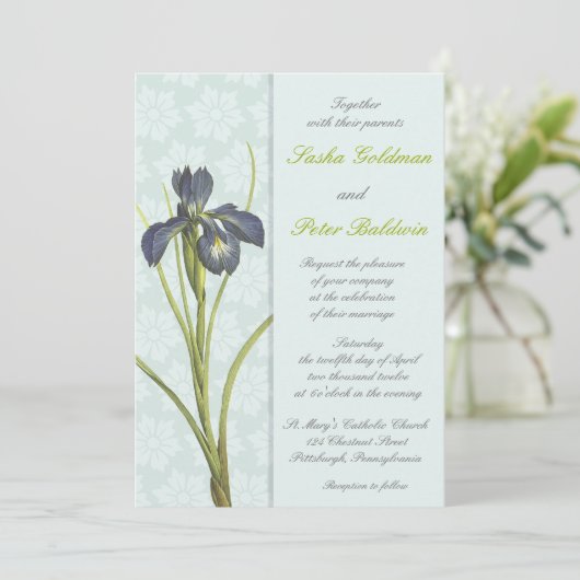 Blue Iris Floral Wedding Invitation Kaart (Staand voorkant)