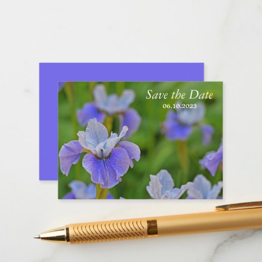 Blue Iris Flower Botanical Save the Date Informatiekaartje (Voorkant / Achterkant in situ)