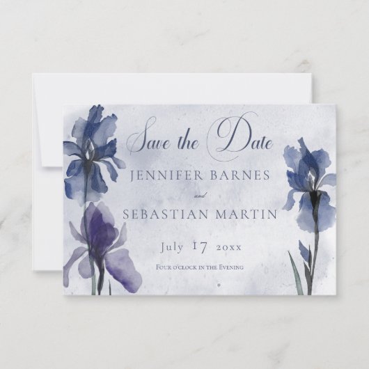 Blue Iris Flowers Blue Modern Save the Date Kaart (Voorkant)