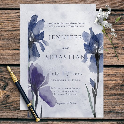 Blue Iris Flowers Blue Modern Wedding Invitation Kaart