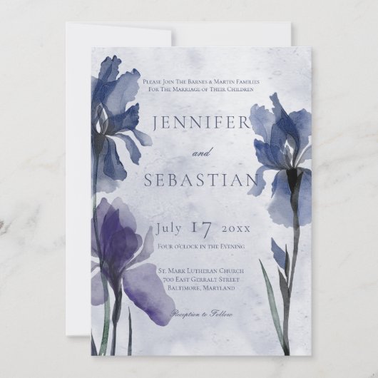 Blue Iris Flowers Blue Modern Wedding Invitation Kaart (Voorkant)