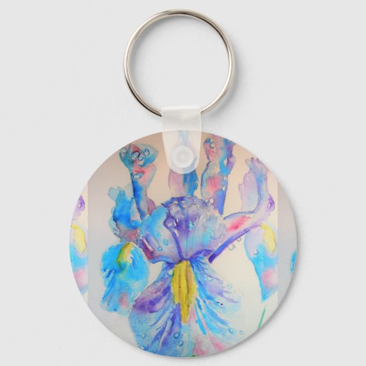 Blue Iris Flowers Floral Waterverf Art Key Ring Sleutelhanger (Voorkant)