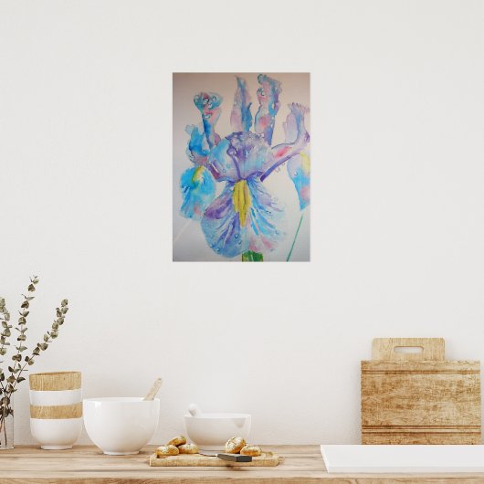 Blue Iris Irises Floral Flowers Waterverf Poster (Keuken)