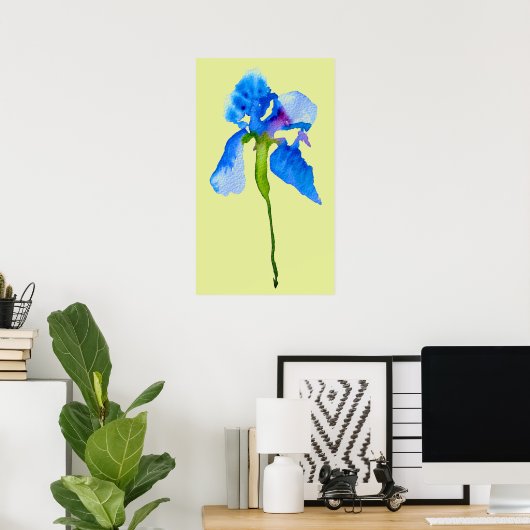 Blue Iris moderne florale waterverf kunst Poster (Thuiskantoor)