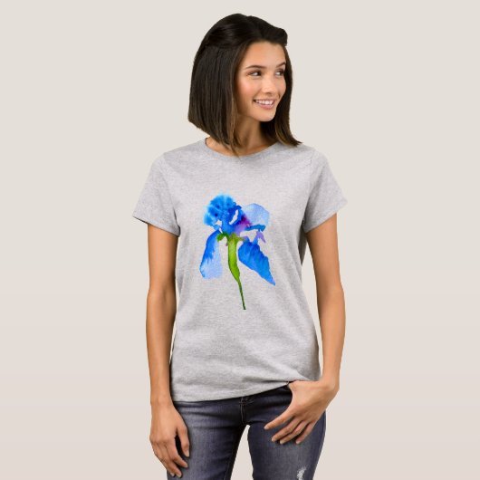 Blue Iris moderne waterverf florale kunst T-shirt (Voorkant volledig)