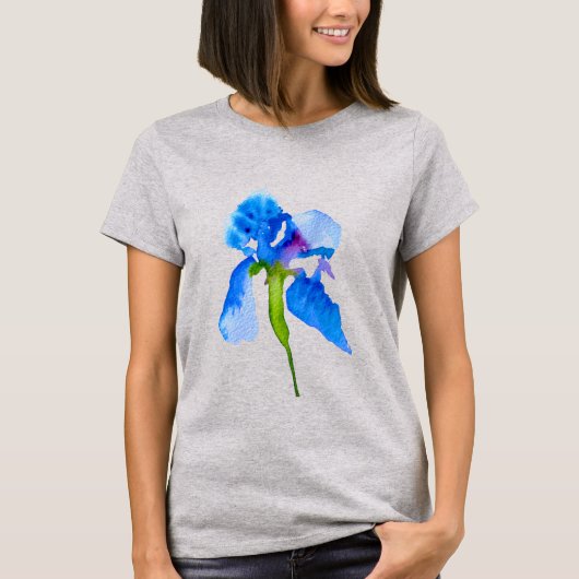 Blue Iris moderne waterverf florale kunst T-shirt (Voorkant)