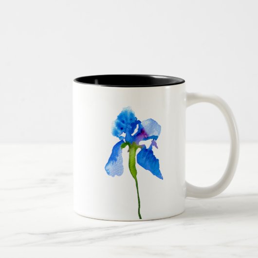 Blue Iris moderne waterverf florale kunst Tweekleurige Koffiemok (Rechts)