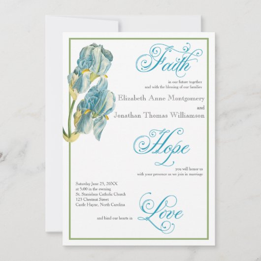 Blue Iris Script Christelijk Wedding Invitation Kaart (Voorkant)
