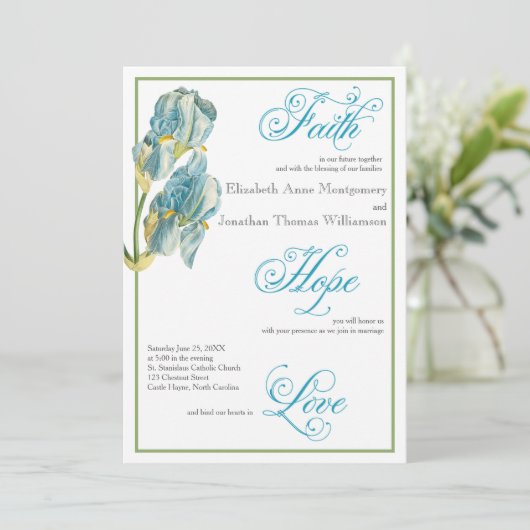 Blue Iris Script Christelijk Wedding Invitation Kaart (Staand voorkant)
