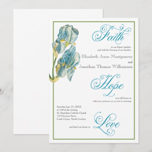 Blue Iris Script Christelijk Wedding Invitation Kaart (Voorkant / Achterkant)