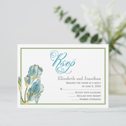 Blue Iris Script Wedding Reply Kaart (Staand voorkant)