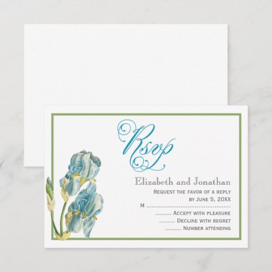 Blue Iris Script Wedding Reply Kaart (Voorkant / Achterkant)