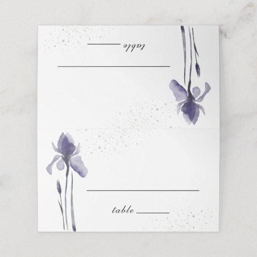 Blue Iris Simple Floral Waterverf Wedding Plaatskaartje (Buitenkant ongevouwen)