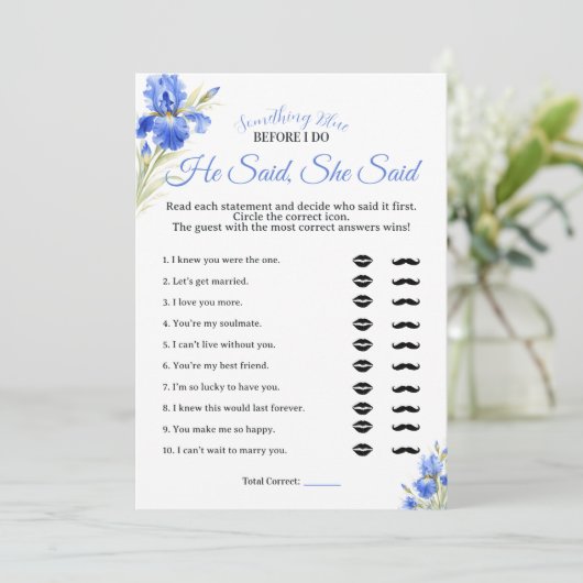 Blue Iris Something Blue He Said She Said Game Kaart (Staand voorkant)