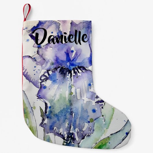 Blue Iris Waterverf Flowers Floral Name Stocking Kleine Kerstsok (Voorkant)