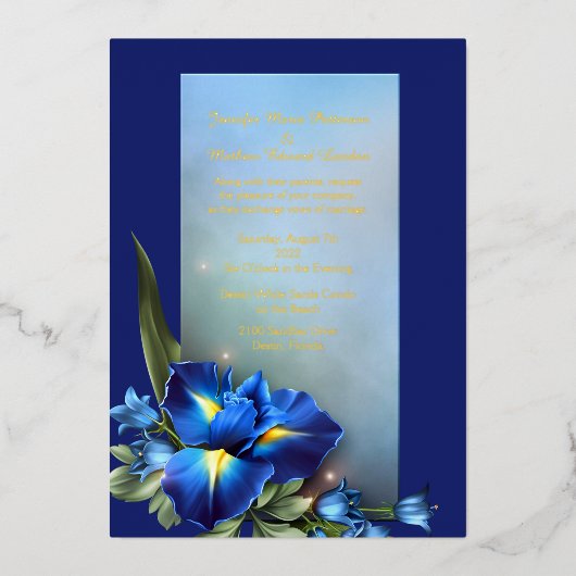 Blue Iris Wedding Folie Uitnodiging (Voorkant)