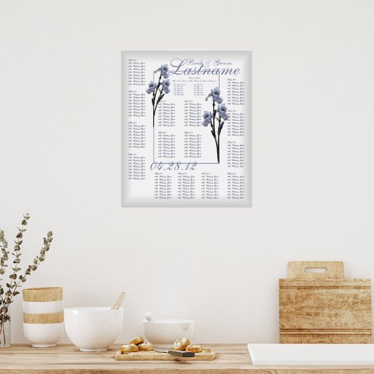 Blue Iris Wedding Guest Seating Chart Poster (Keuken)