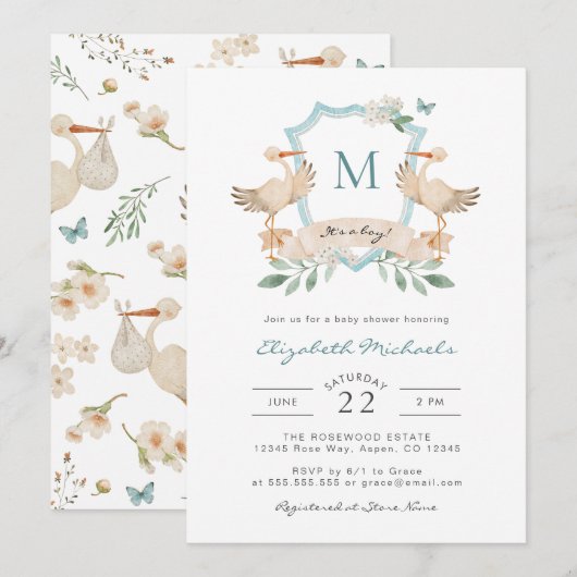 Blue It's a Boy Baby shower Invitation Kaart (Voorkant / Achterkant)