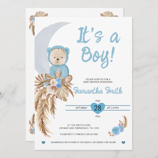 Blue It's a Boy Boho Beer Moon Baby shower Kaart (Voorkant / Achterkant)